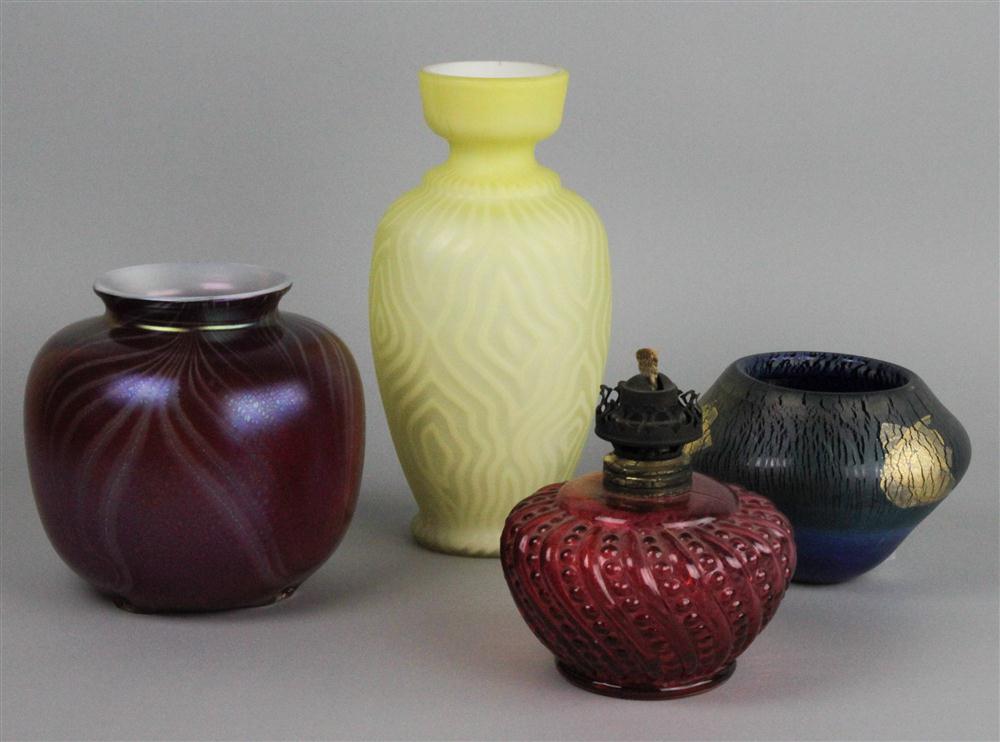 FOUR GLASS PIECES including a yellow