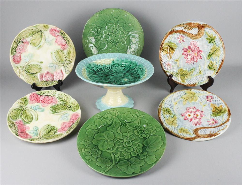SEVEN MAJOLICA PIECES including a turquoise