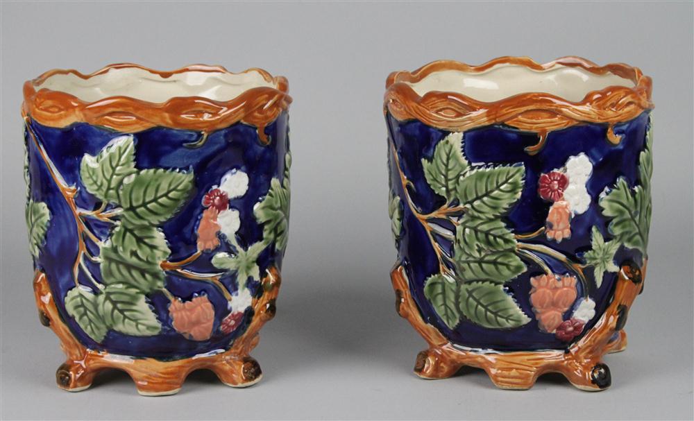PAIR OF BLUE GROUND MAJOLICA CACHE-POTS
