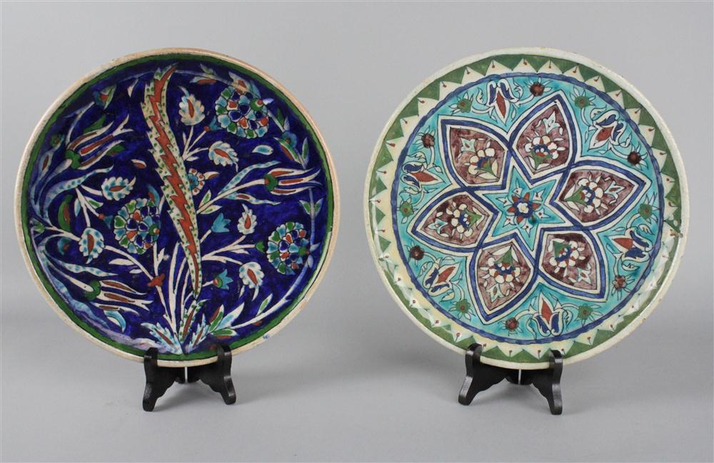 TWO ISNIK POTTERY DISHES illegible