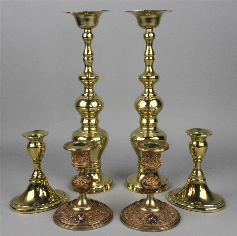 THREE PAIRS OF BRASS CANDLESTICKS including