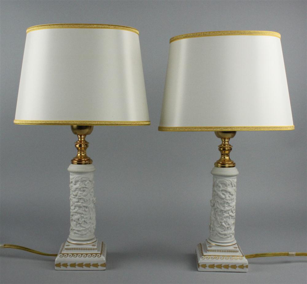PAIR OF BISCUIT TABLE LAMPS columnar
