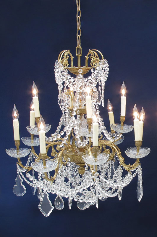 SPANISH BRASS AND CRYSTAL 12 LIGHT CHANDELIER: