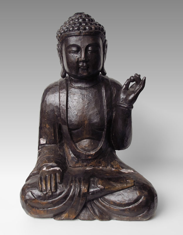 19th C CARVED WOOD BUDDHA Gesso 146546