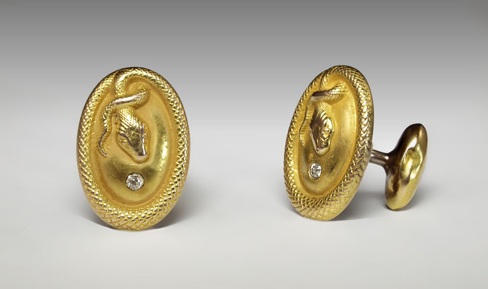 14K ART DECO SNAKE DESIGN CUFFLINKS: