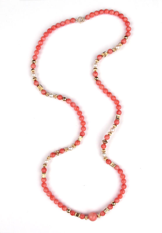 14K CORAL & PEARL NECKLACE: Coral