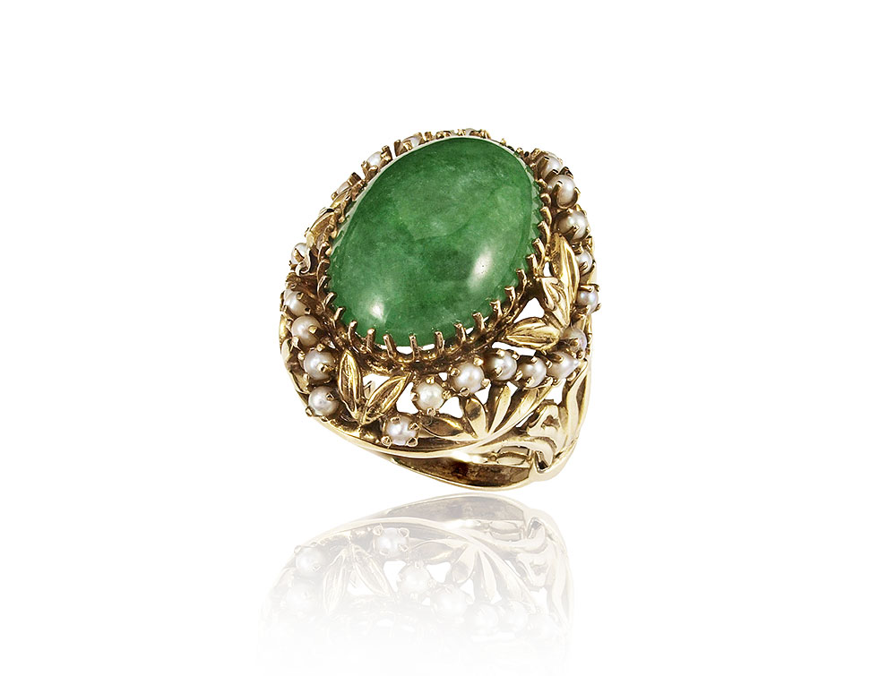 JADE AND PEARL RING Ornate 14K 1465b6