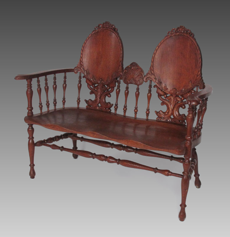 CARVED OAK SETTLE: 38 3/4 h. x 47