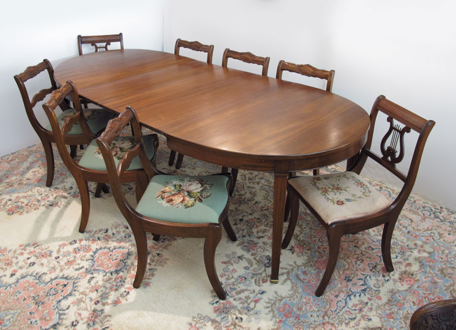 MAHOGANY OVAL DINING TABLE WITH NEEDLEPOINT