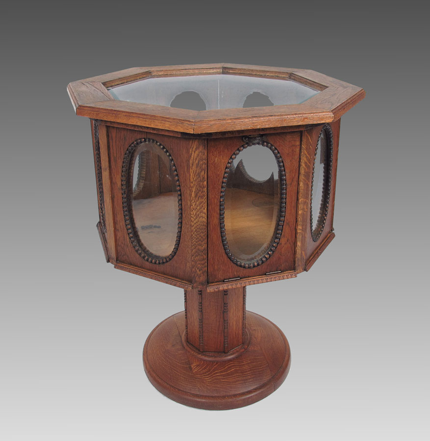 OCTAGONAL VICTORIAN OAK VITRINE: