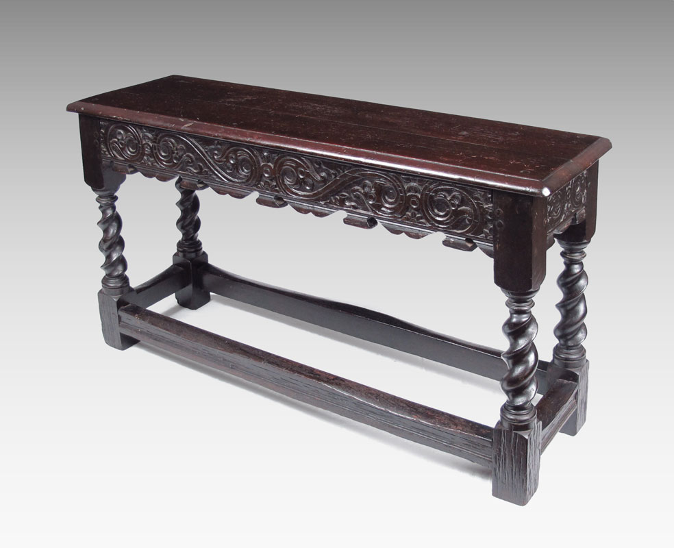 CARVED JACOBEAN OAK BENCH: Carved