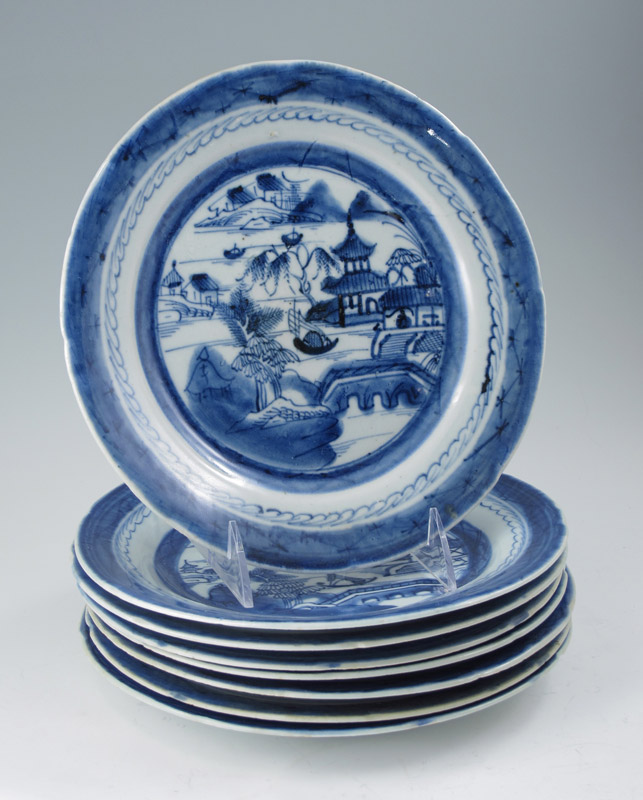 8 CANTON BLUE AND WHITE PLATES: 9