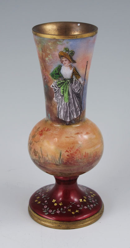 FRENCH ENAMEL VASE: Woman in landscape