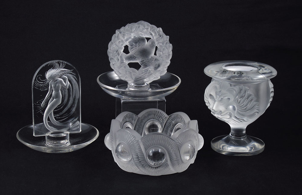 4 PIECE LALIQUE BOWL VASE AND RING