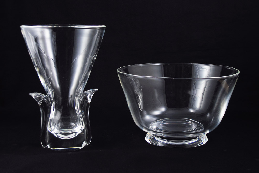 STEUBEN CRYSTAL BOWL AND VASE: 2 pieces