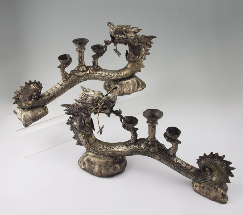 PAIR CAST METAL FIGURAL DRAGON