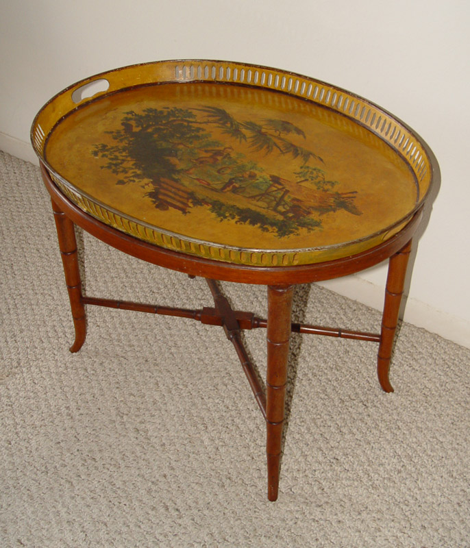 DECORATED TOLE WARE TRAY ON STAND: