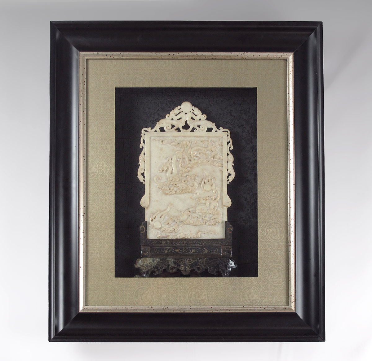 FRAMED CARVED SOAPSTONE TABLE SCREEN: