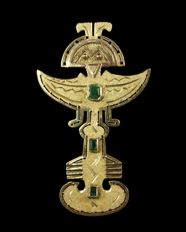 18K EMERALD AZTEC BROOCH/PENDANT: