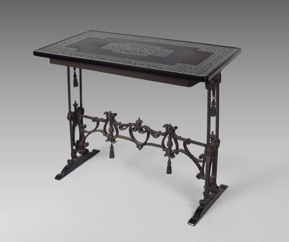 ETCHED GLASS TOP IRON BASE TABLE: