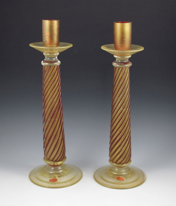 PAIR LARGE MURANO AVENTURINE CANDLESTICKS  146b02