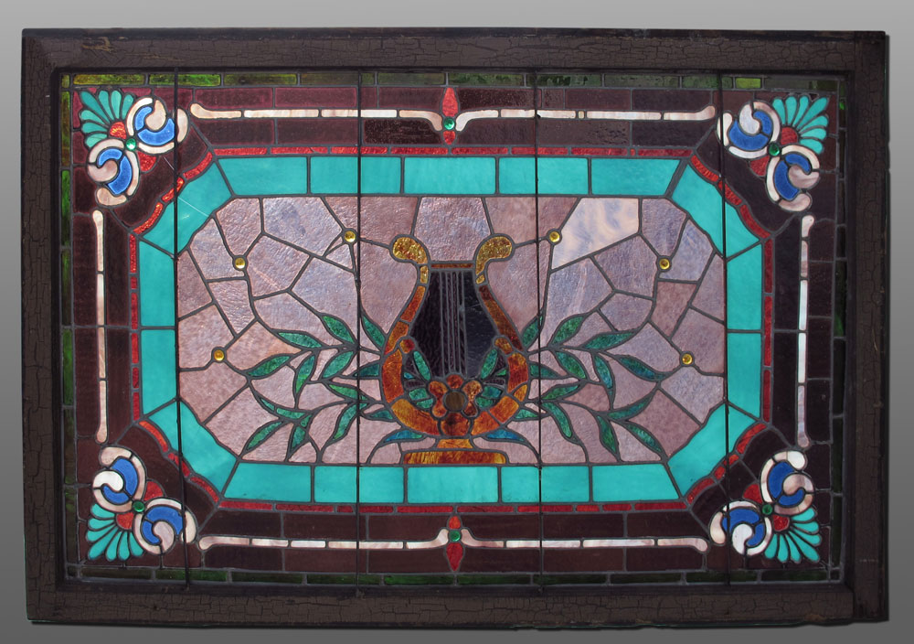 LARGE STAINED GLASS WINDOW: Lyre