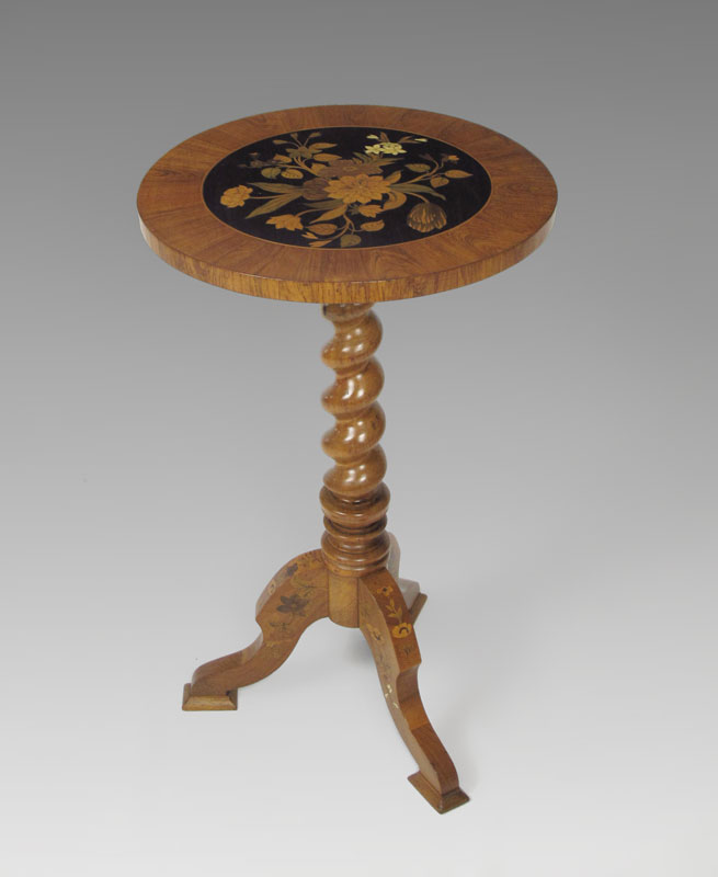 19TH MARQUETRY TWIST PEDESTAL TABLE:
