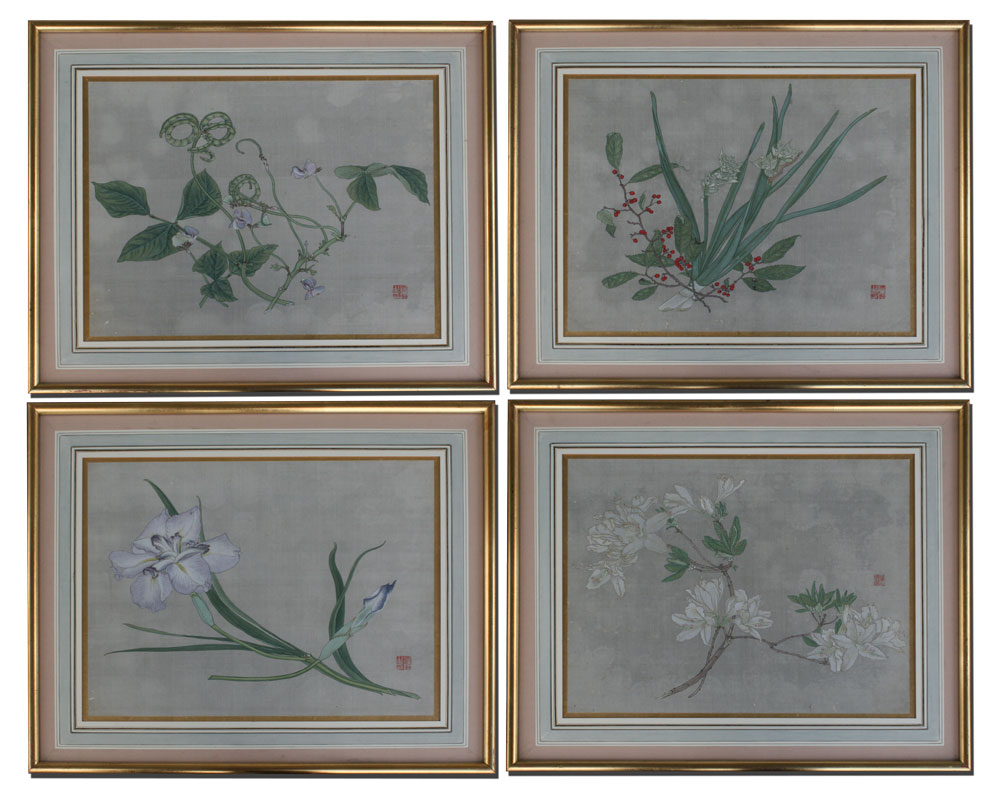 4 CHINESE FLORAL WATERCOLORS ON 146c2a