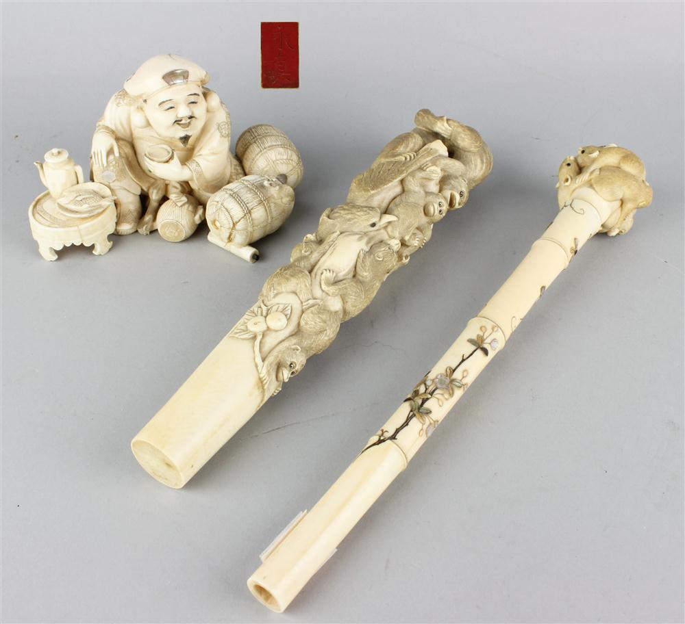 THREE JAPANESE CARVED IVORY OBJECTS