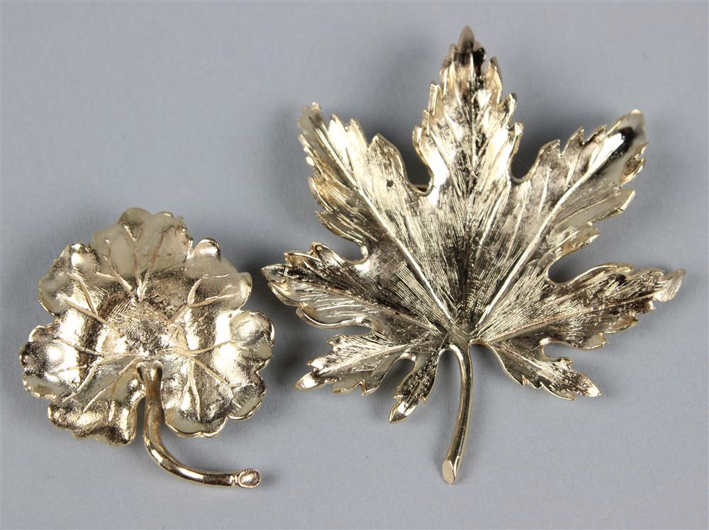 TWO YELLOW GOLD LEAF-FORM PINS the first