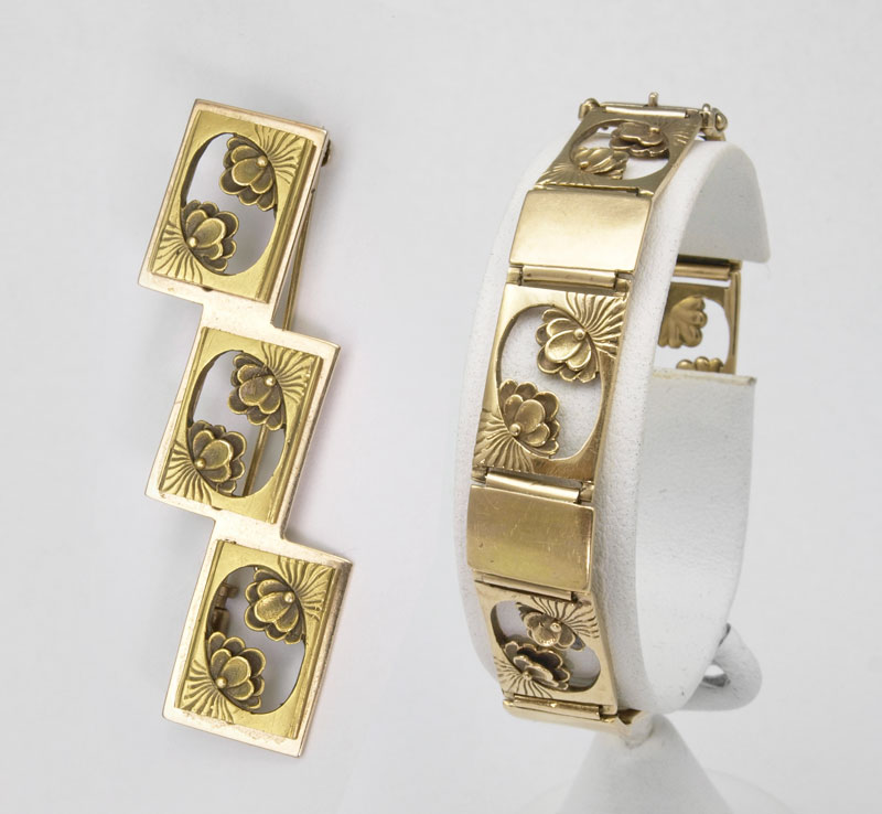 14K GOLD ART NOUVEAU BRACELET AND BROOCH