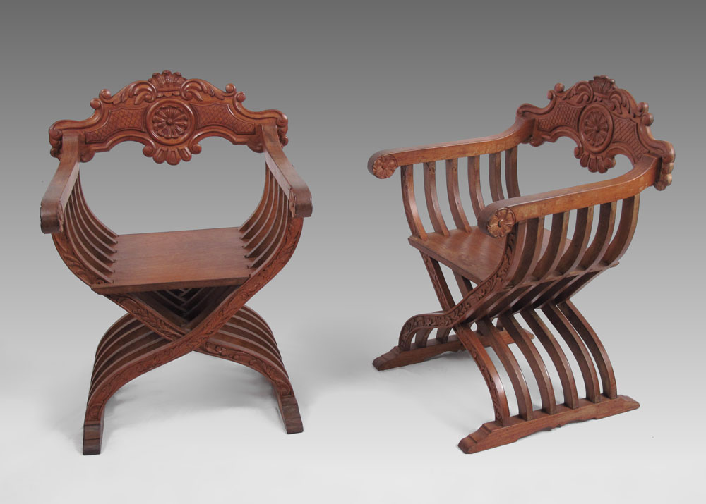 PAIR OF NARRA WOOD SAVONAROLA CHAIRS  146fb4