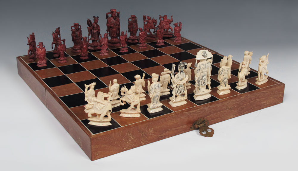 CHINESE CARVED IVORY CHESS SET: Complete