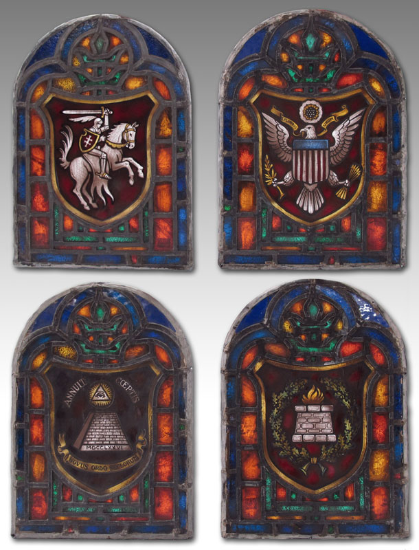 4 HERALDIC STAINED GLASS PANELS: