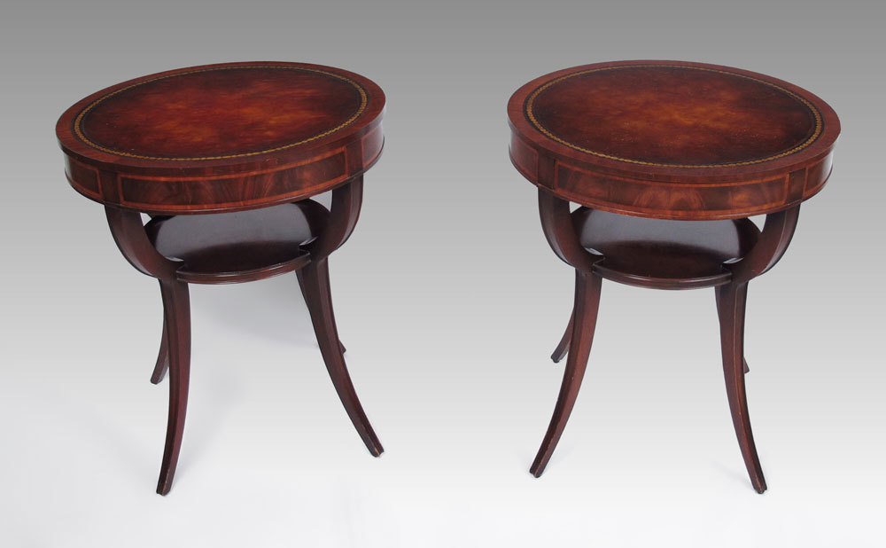 PAIR WEIMAN MAHOGANY LAMP TABLES: Leather