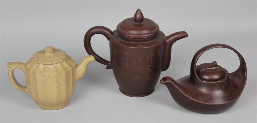 THREE CHINESE YIXING TEAPOTS EACH