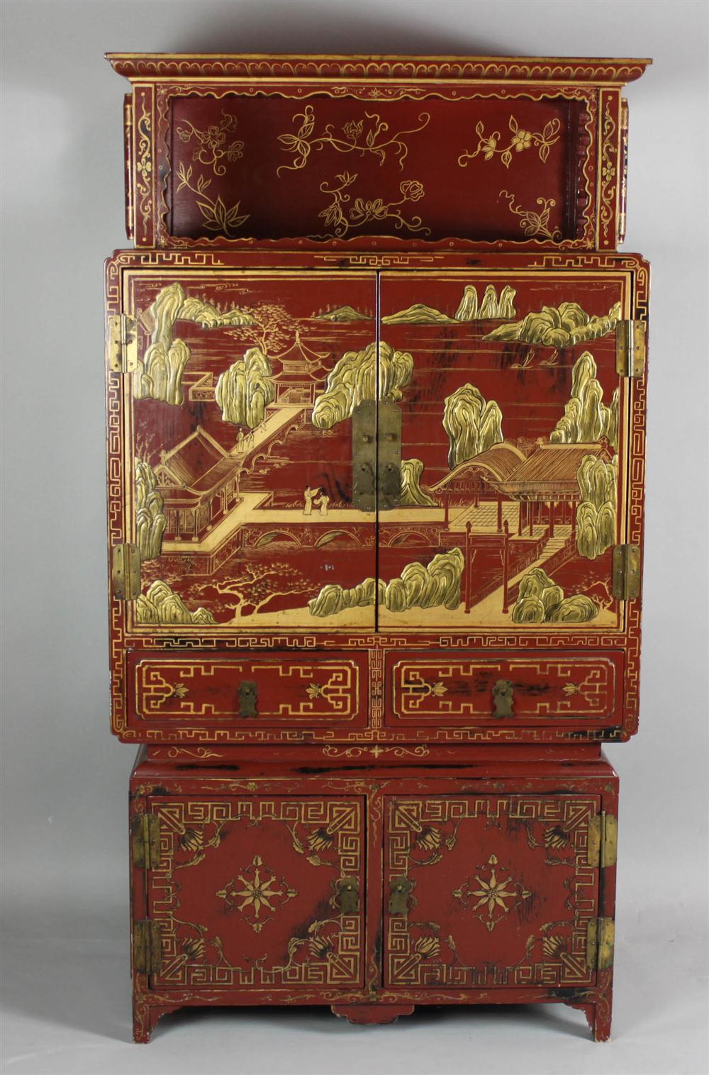 CHINESE STYLE RED LACQUERED AND GILT