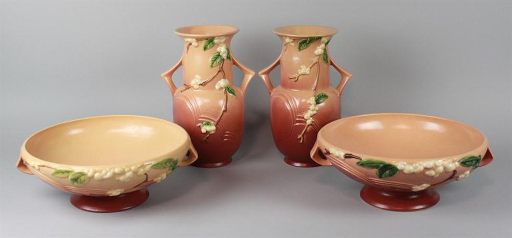 PAIR ROSEVILLE POTTERY PINK SNOWBERRY