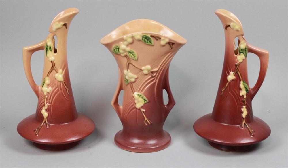 PAIR ROSEVILLE POTTERY PINK SNOWBERRY 14720d