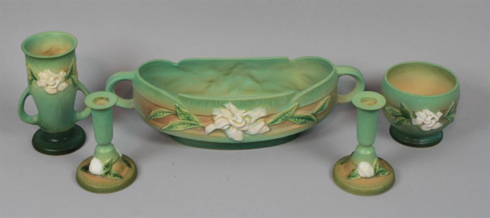 TWO ROSEVILLE POTTERY GREEN GARDENIA 14721e