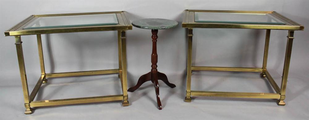 PAIR OF BRASS AND GLASS END TABLES