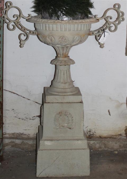 PALE GREEN PAINTED CAST IRON URN 1452af