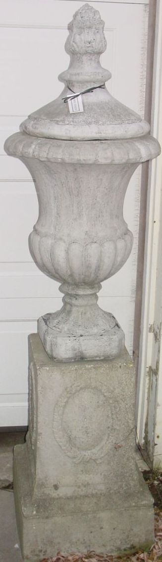 PAIR OF CAST STONE URNS WITH COVERS