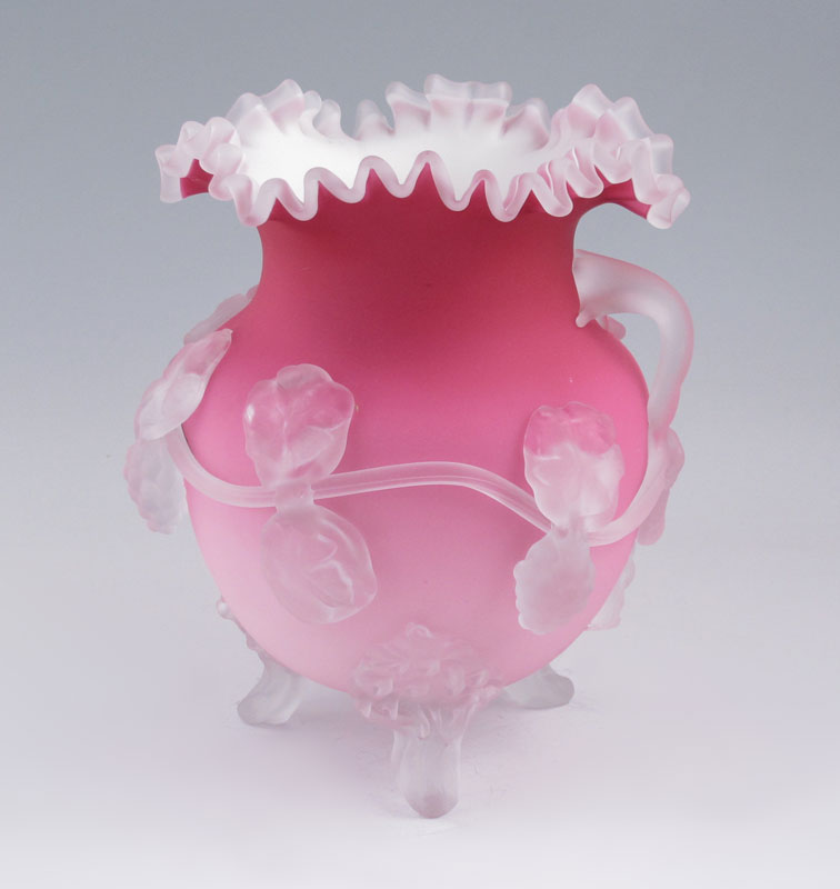 PEACH BLOW ART GLASS FOOTED VASE: