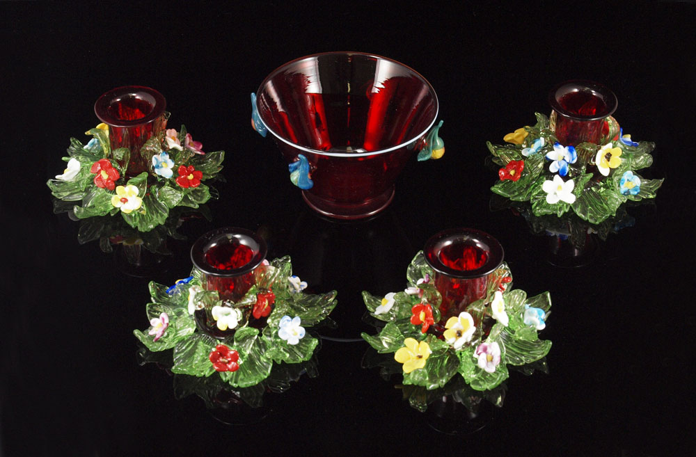 VENETIAN ART GLASS RUBY BOWL AND