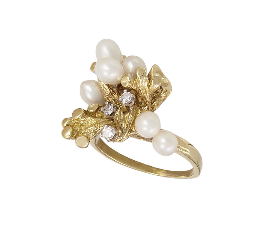 18K PEARL DIAMOND RING 18K yellow 14542b