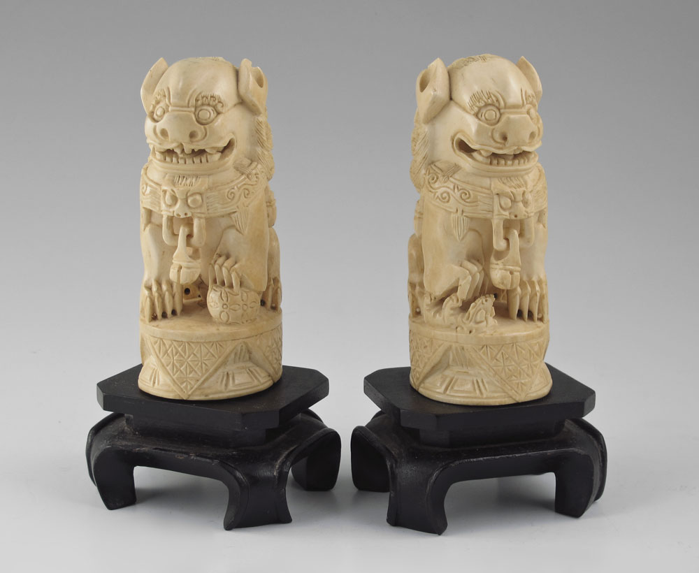 PAIR CARVED IVORY FU LIONS 20th 14543b