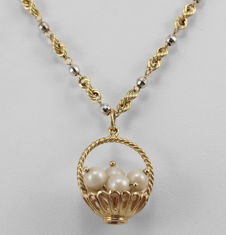 14K PEARL BASKET NECKLACE 14K 1454bb