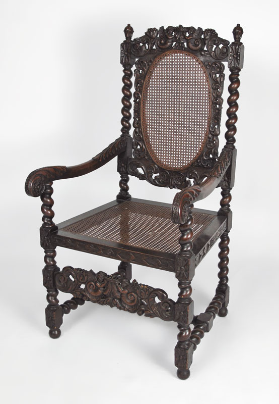 CHARLES II CARVED ARM CHAIR: Carved