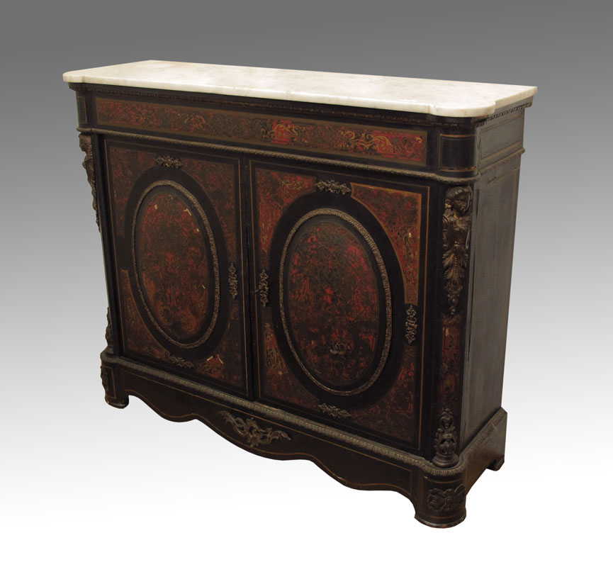 BOULLE INLAY MARBLE TOP CREDENZA: